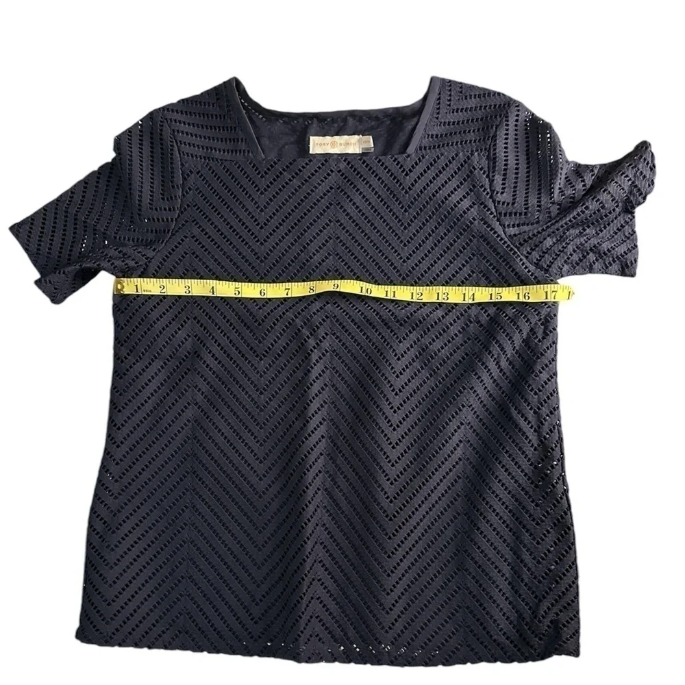 Tory Burch Women’s Navy Blue Cutout Zigzag Pattern Short Sleeve Lace Top Size XS